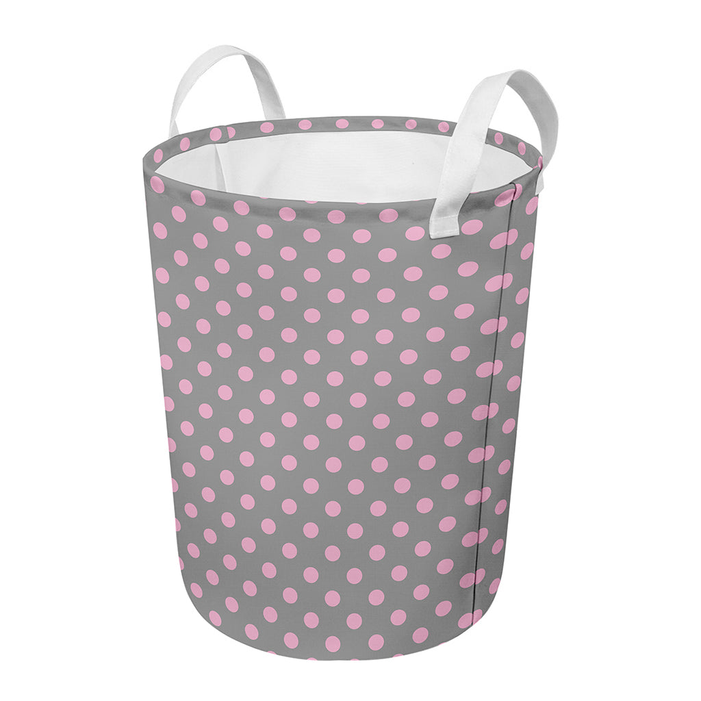 Grey And Pink Polka Dot Pattern Print Round Laundry Basket