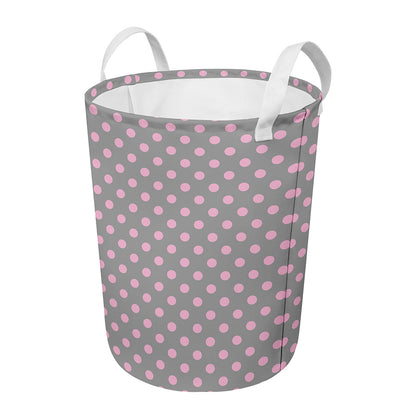 Grey And Pink Polka Dot Pattern Print Round Laundry Basket