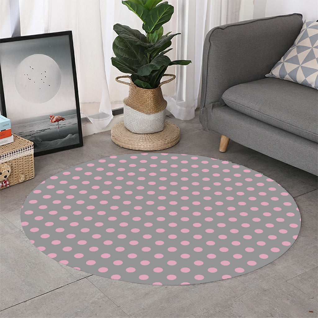 Grey And Pink Polka Dot Pattern Print Round Rug