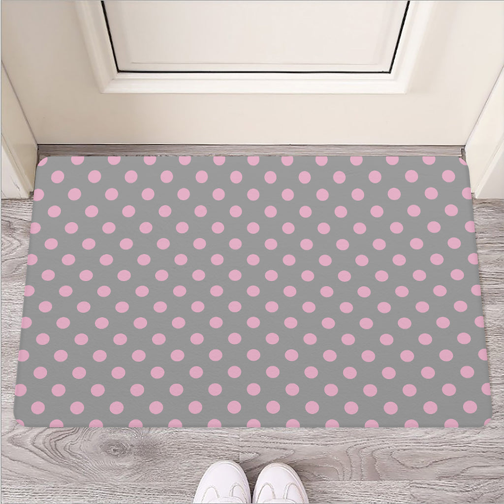 Grey And Pink Polka Dot Pattern Print Rubber Doormat