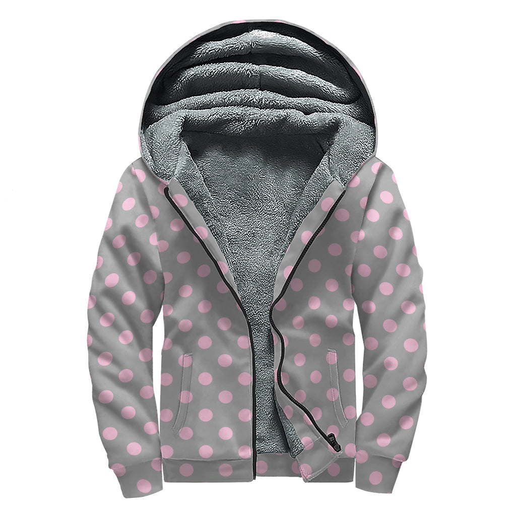 Grey And Pink Polka Dot Pattern Print Sherpa Lined Zip Up Hoodie