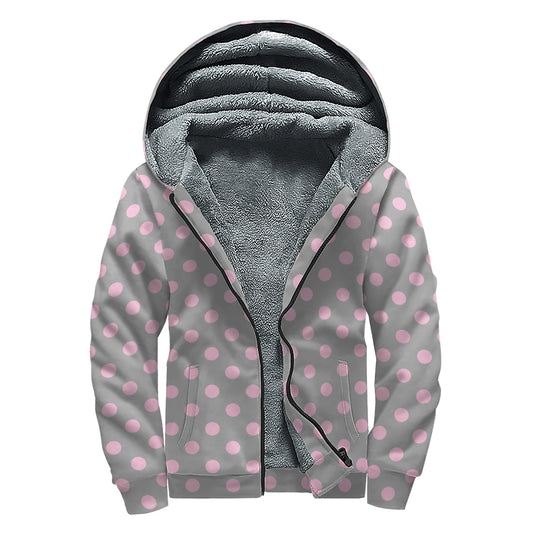 Grey And Pink Polka Dot Pattern Print Sherpa Lined Zip Up Hoodie