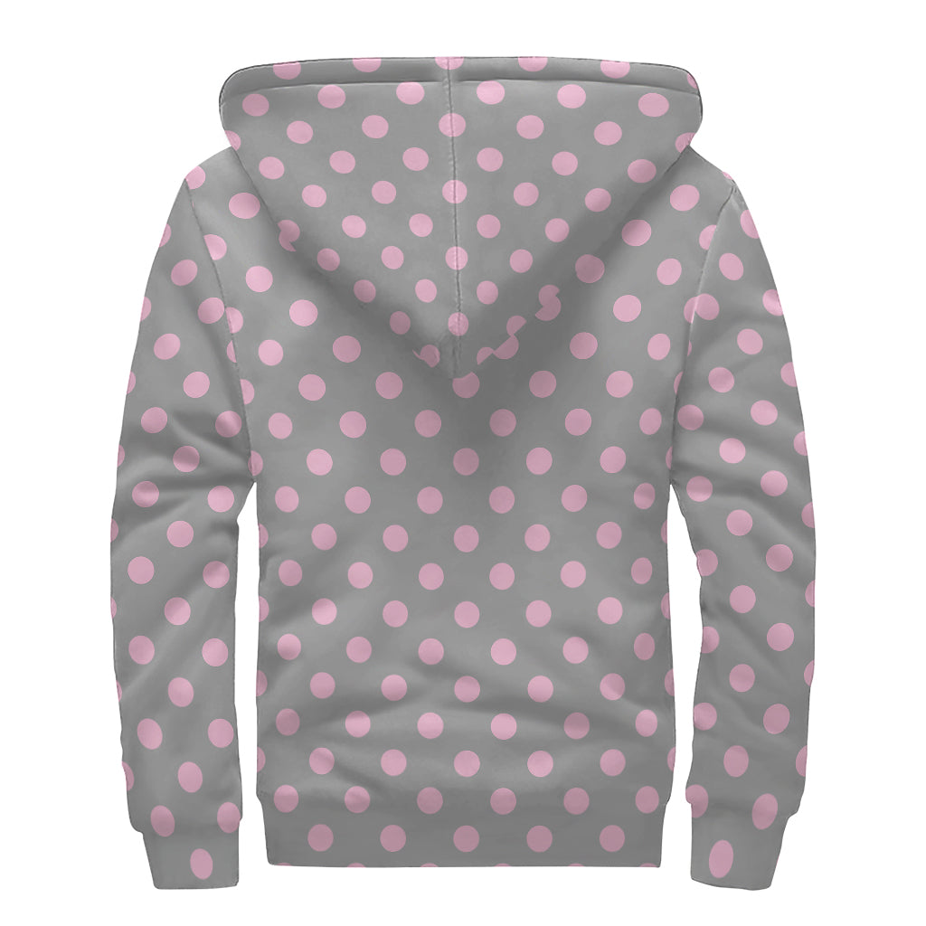 Grey And Pink Polka Dot Pattern Print Sherpa Lined Zip Up Hoodie