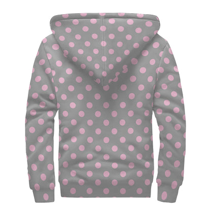 Grey And Pink Polka Dot Pattern Print Sherpa Lined Zip Up Hoodie