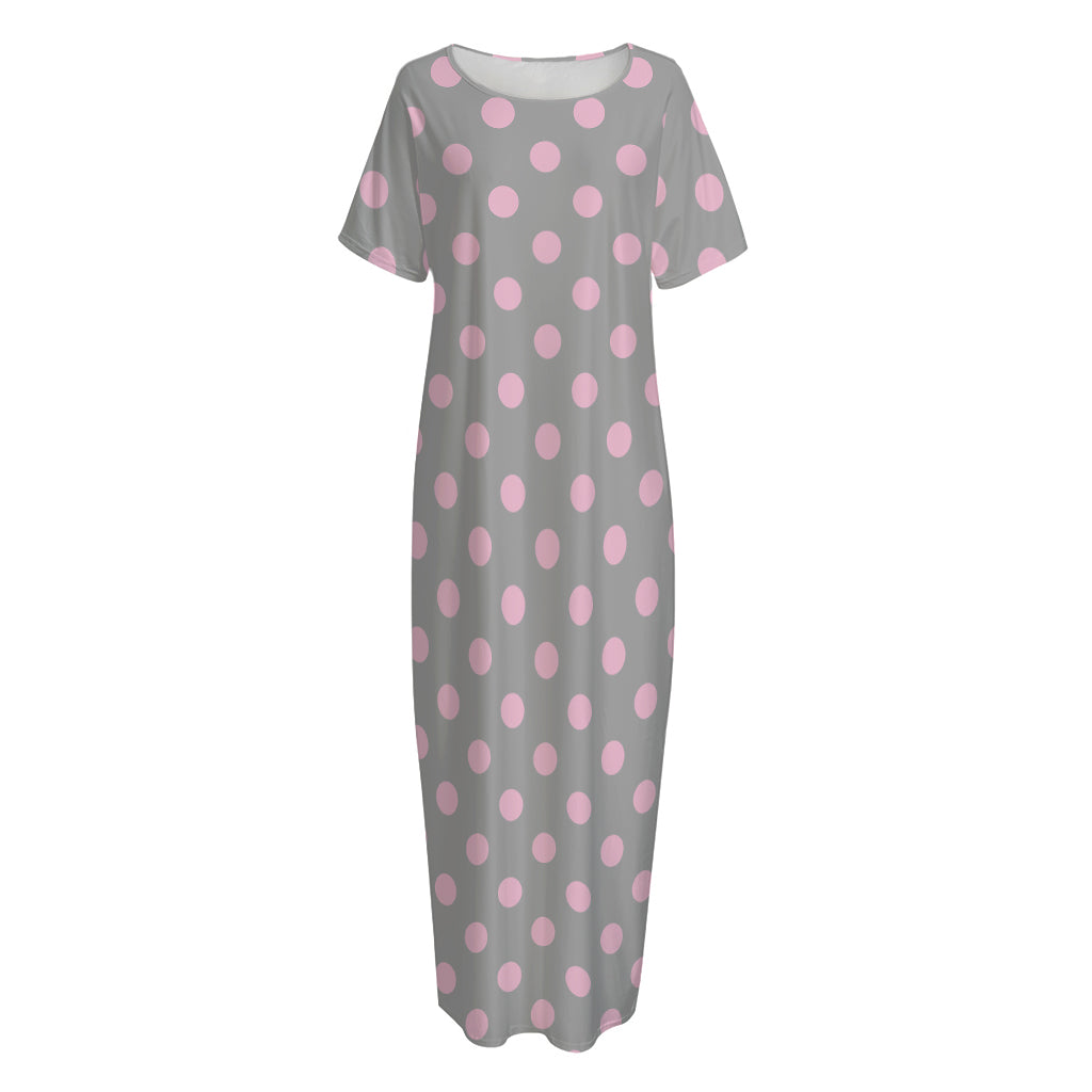 Grey And Pink Polka Dot Pattern Print Short Sleeve Long Nightdress