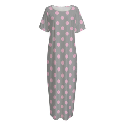 Grey And Pink Polka Dot Pattern Print Short Sleeve Long Nightdress