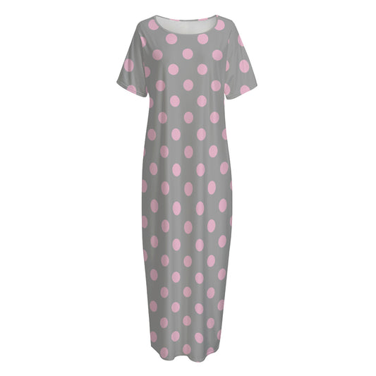 Grey And Pink Polka Dot Pattern Print Short Sleeve Long Nightdress