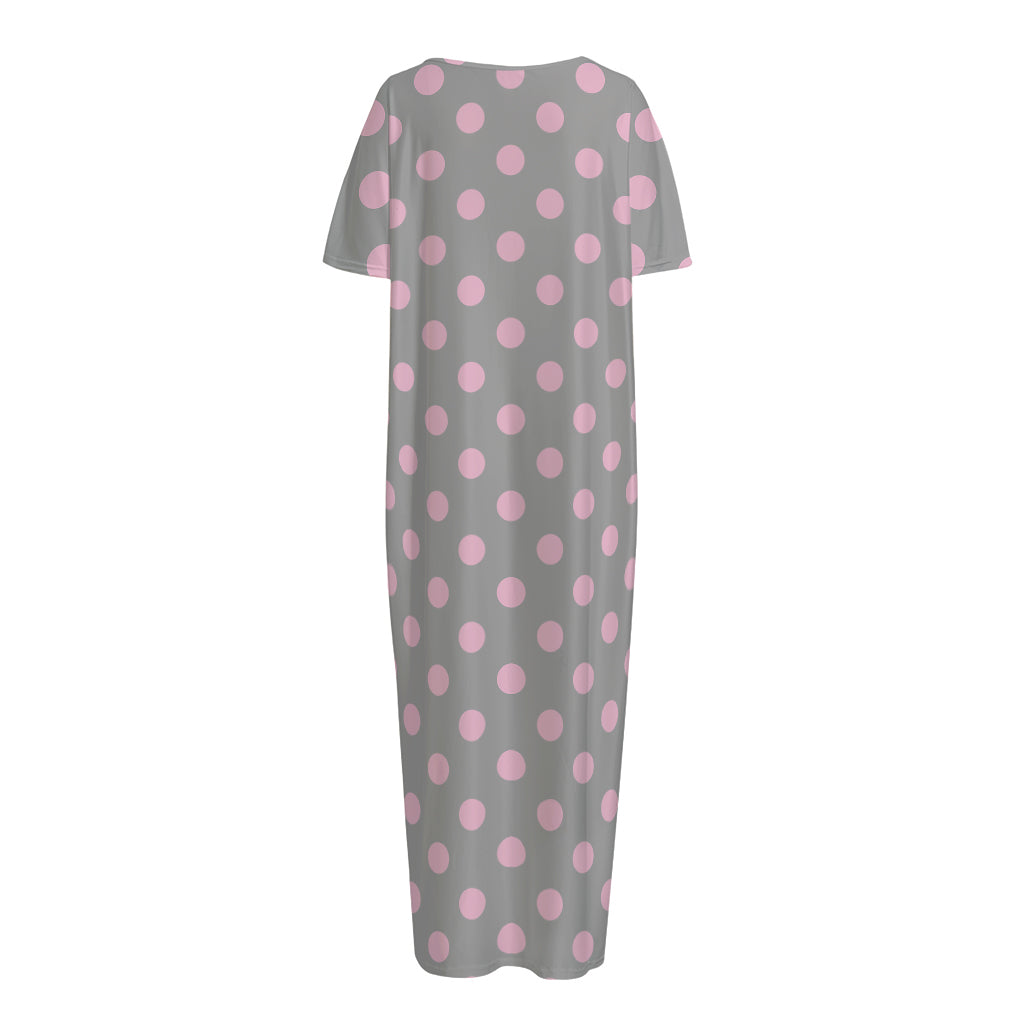 Grey And Pink Polka Dot Pattern Print Short Sleeve Long Nightdress
