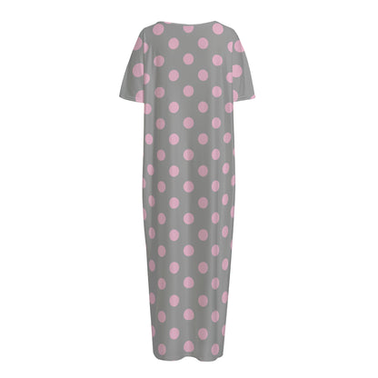 Grey And Pink Polka Dot Pattern Print Short Sleeve Long Nightdress