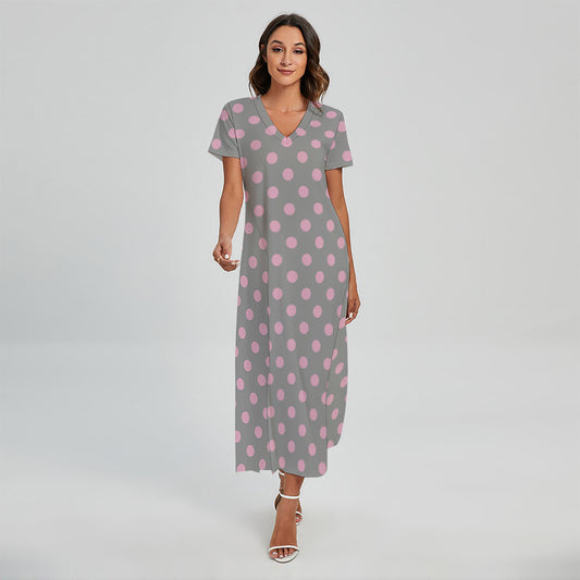 Grey And Pink Polka Dot Pattern Print Short Sleeve Maxi Dress