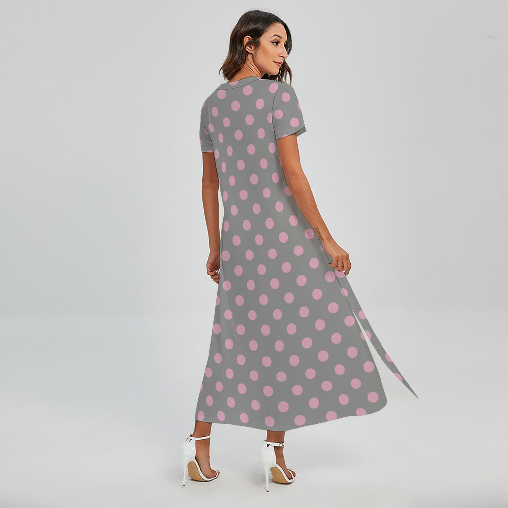 Grey And Pink Polka Dot Pattern Print Short Sleeve Maxi Dress