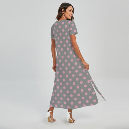 Grey And Pink Polka Dot Pattern Print Short Sleeve Maxi Dress