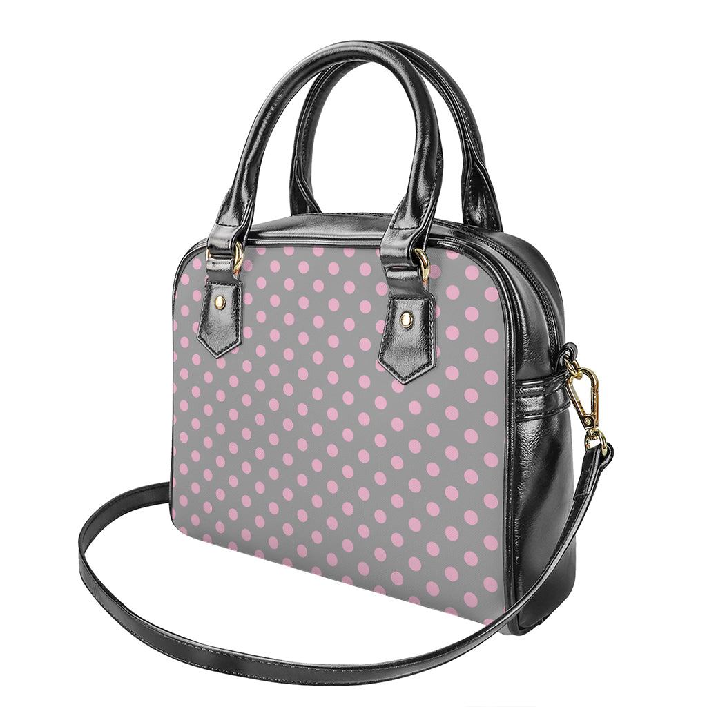 Grey And Pink Polka Dot Pattern Print Shoulder Handbag