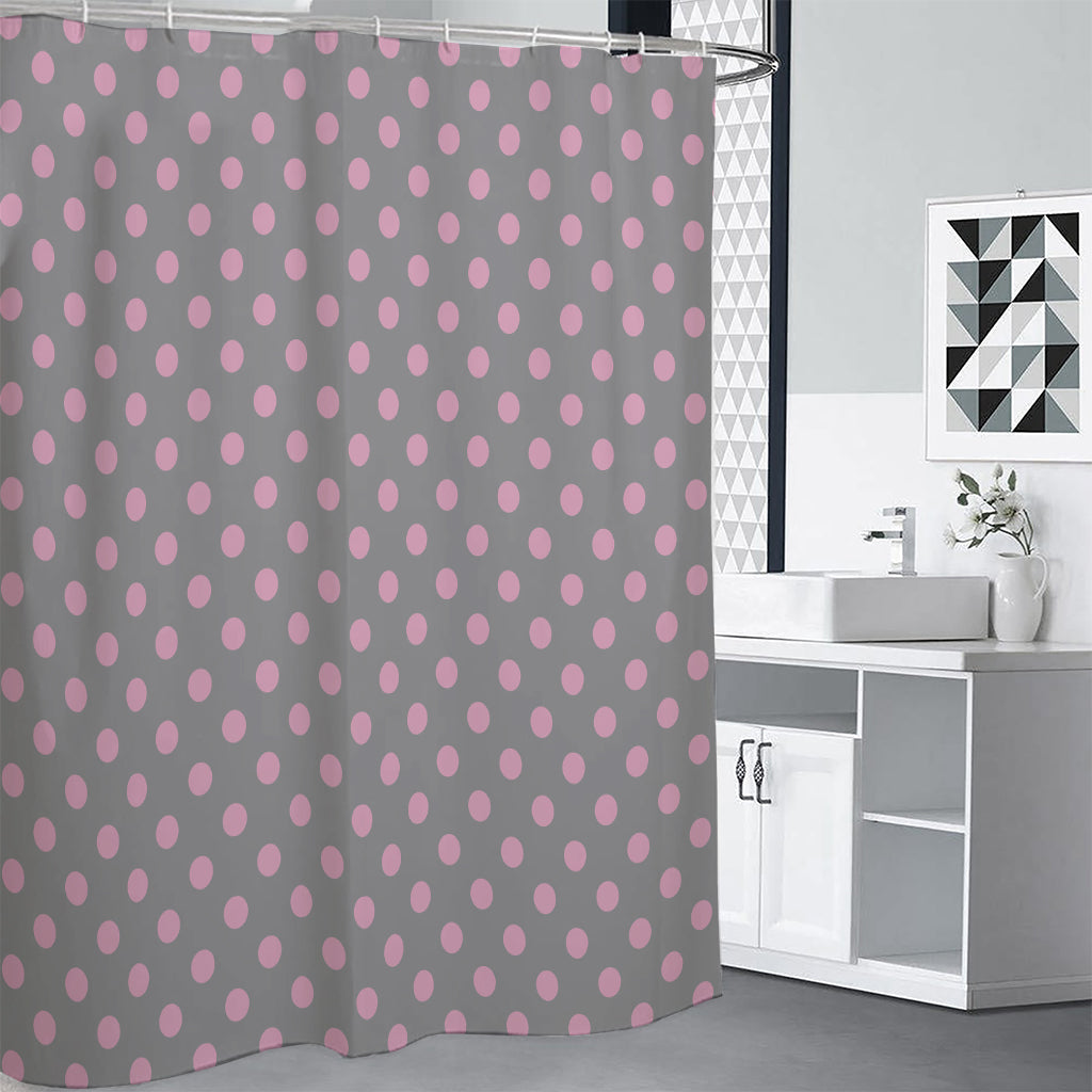 Grey And Pink Polka Dot Pattern Print Shower Curtain