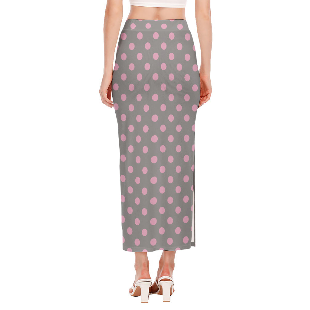 Grey And Pink Polka Dot Pattern Print Side Slit Maxi Skirt