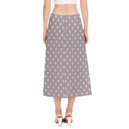 Grey And Pink Polka Dot Pattern Print Side Slit Midi Skirt