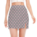 Grey And Pink Polka Dot Pattern Print Side Slit Mini Skirt