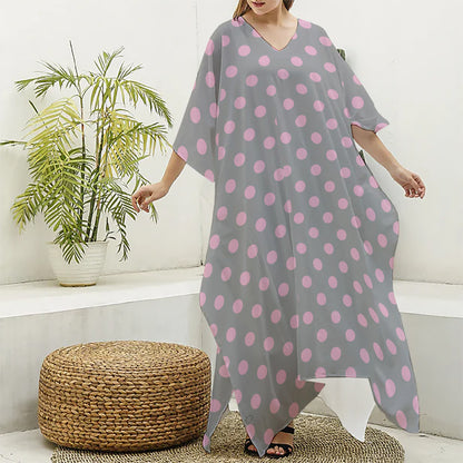 Grey And Pink Polka Dot Pattern Print Silk V-Neck Kaftan Dress