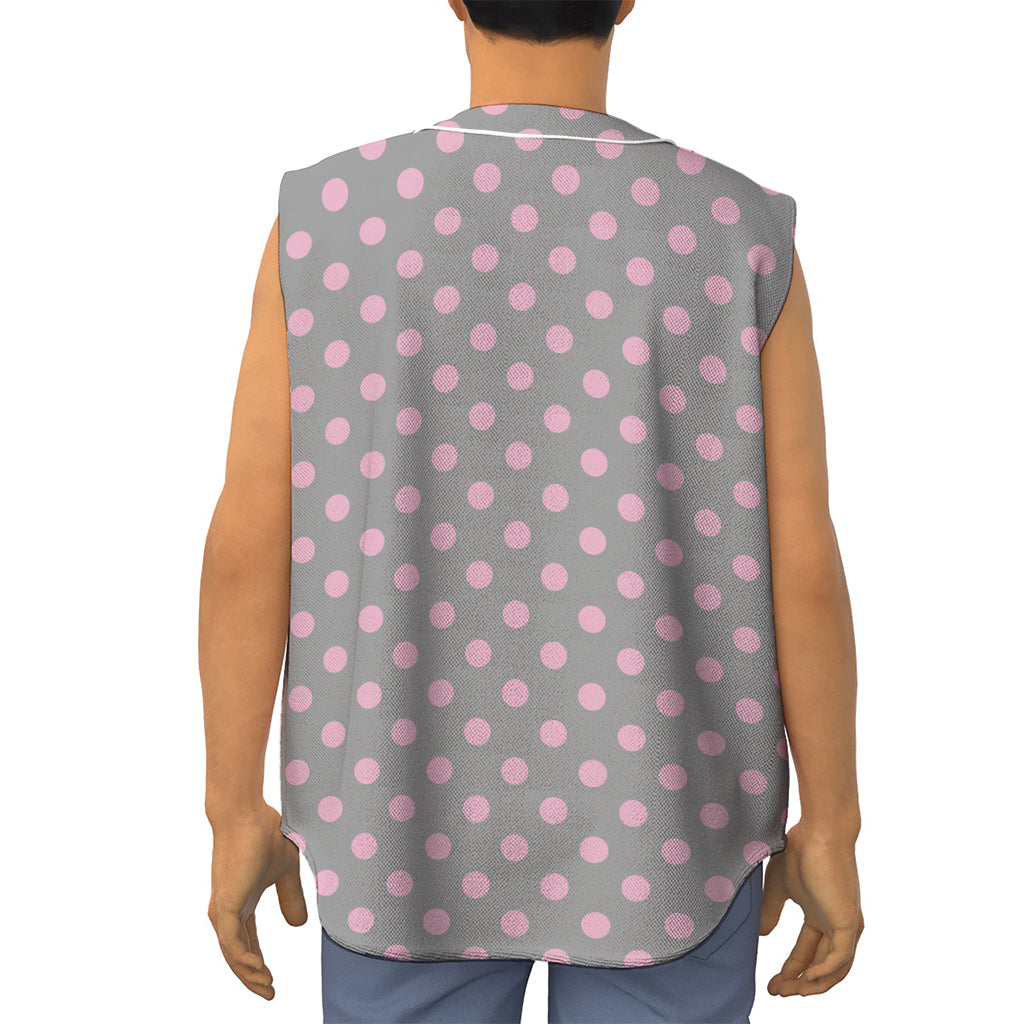 Grey And Pink Polka Dot Pattern Print Sleeveless Baseball Jersey