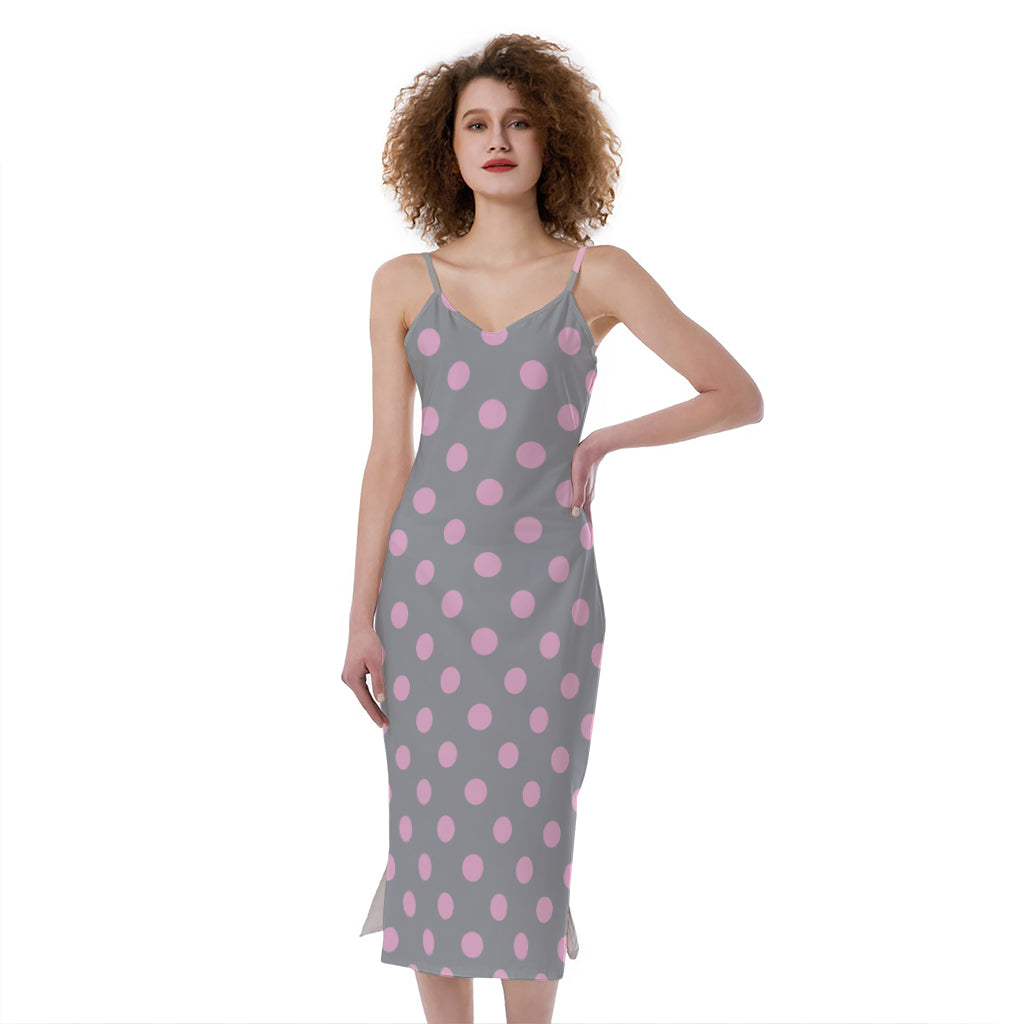 Grey And Pink Polka Dot Pattern Print Slim Fit Midi Cami Dress