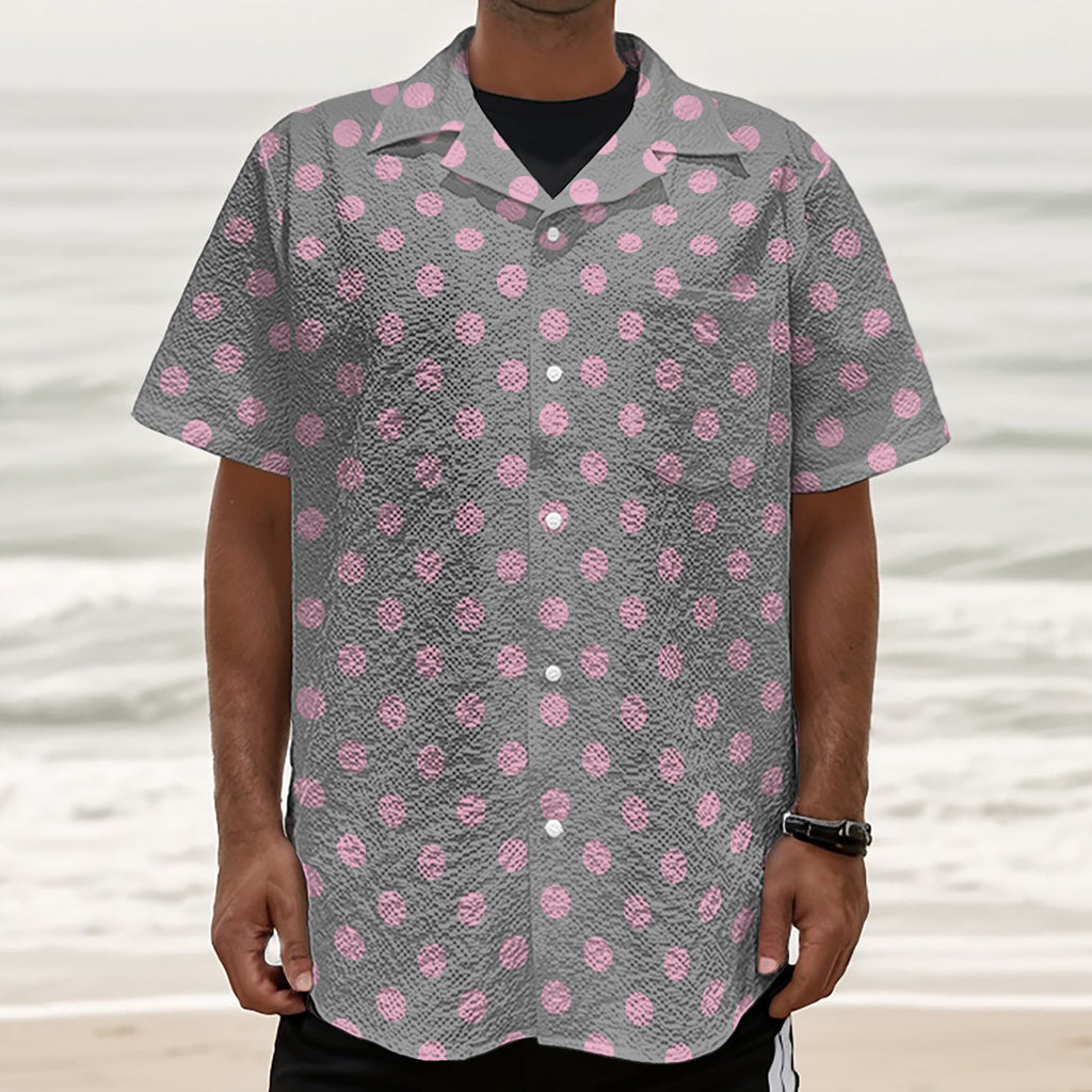 Grey And Pink Polka Dot Pattern Print Textured Short Sleeve Shirt