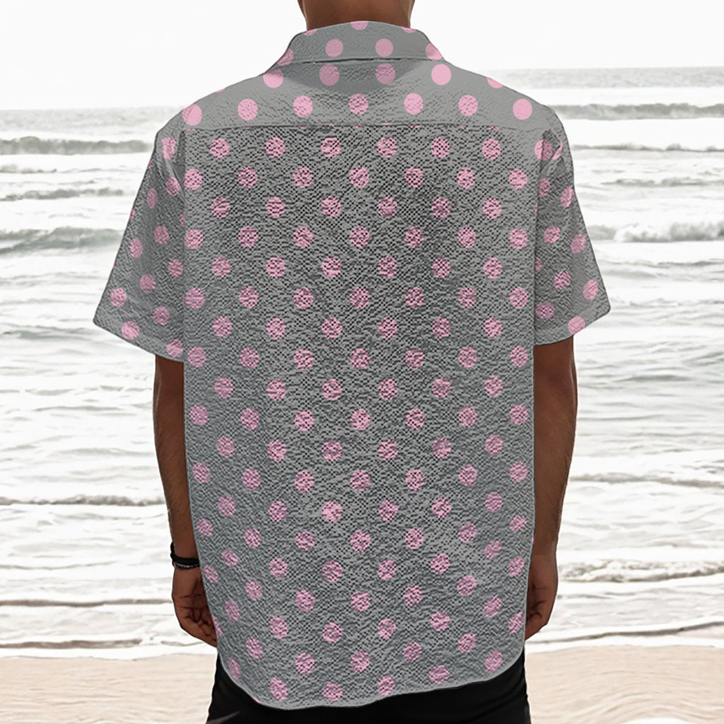 Grey And Pink Polka Dot Pattern Print Textured Short Sleeve Shirt