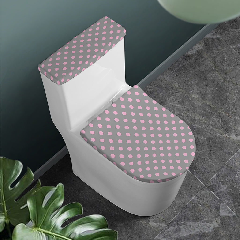 Grey And Pink Polka Dot Pattern Print Toilet Lid And Tank Cover Set