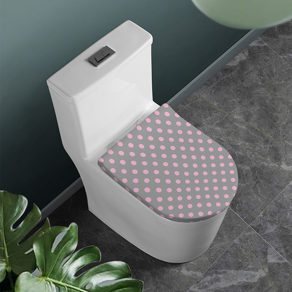 Grey And Pink Polka Dot Pattern Print Toilet Lid Cover