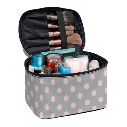 Grey And Pink Polka Dot Pattern Print Travel Makeup Bag