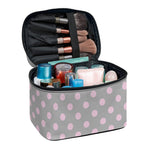 Grey And Pink Polka Dot Pattern Print Travel Makeup Bag