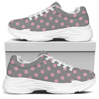 Grey And Pink Polka Dot Pattern Print White Chunky Shoes