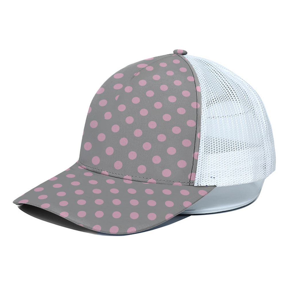 Grey And Pink Polka Dot Pattern Print White Mesh Trucker Cap