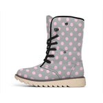 Grey And Pink Polka Dot Pattern Print Winter Boots