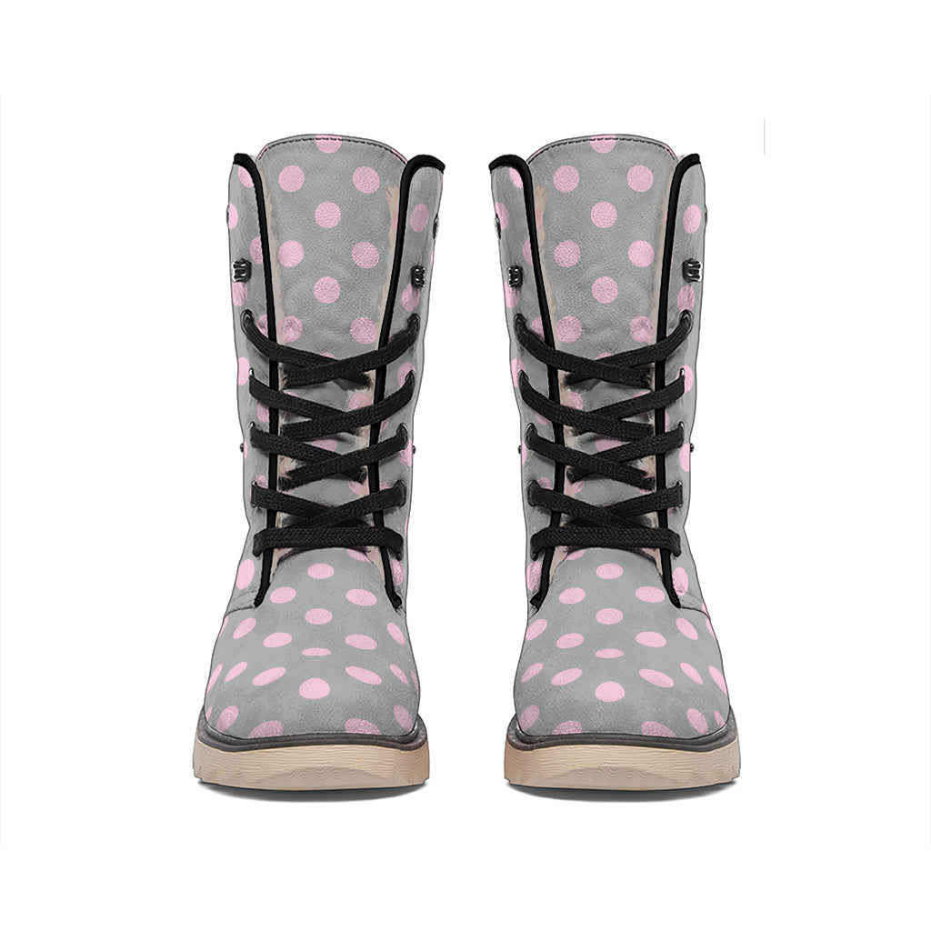 Grey And Pink Polka Dot Pattern Print Winter Boots