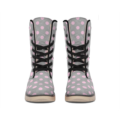 Grey And Pink Polka Dot Pattern Print Winter Boots