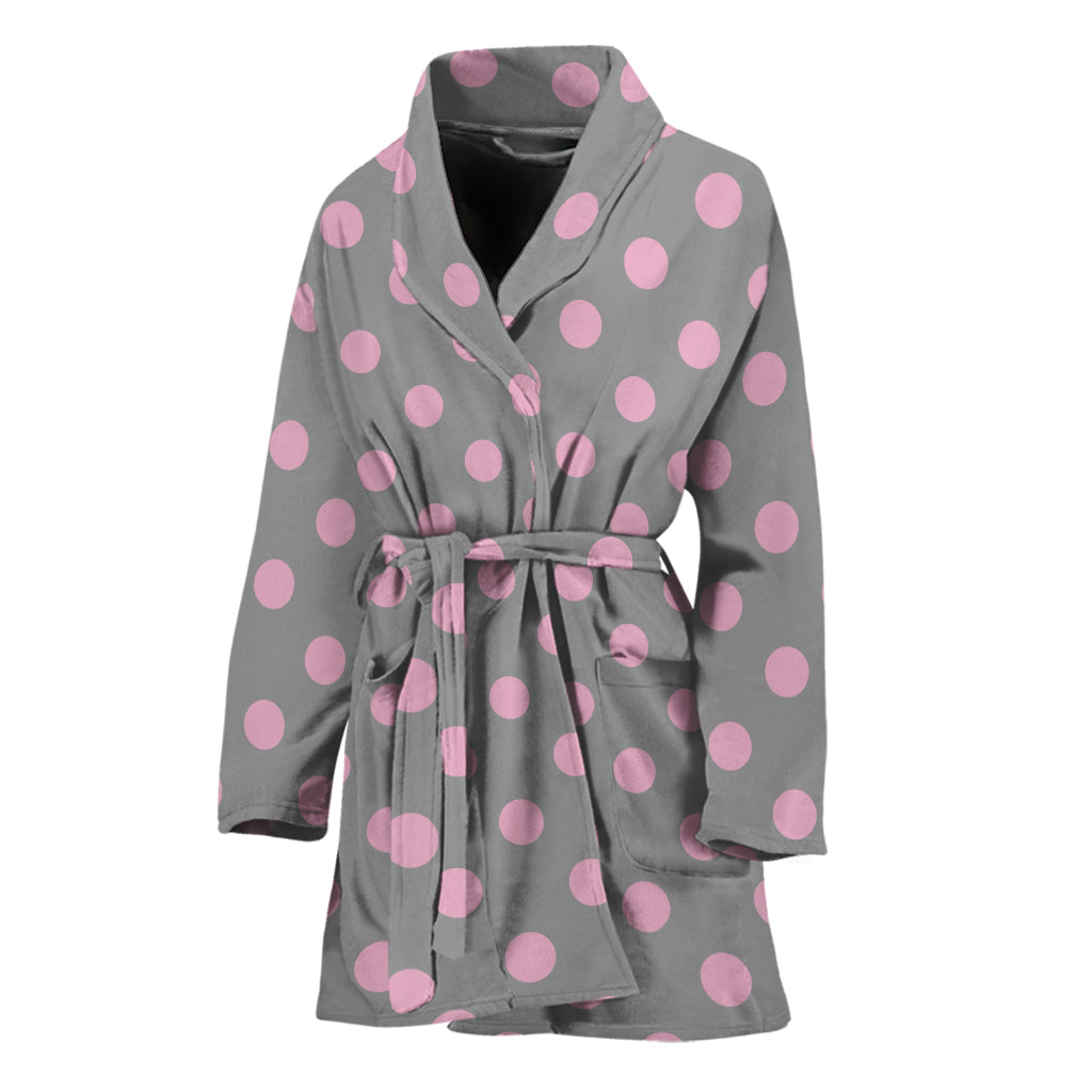 Grey And Pink Polka Dot Pattern Print Women's Bathrobe