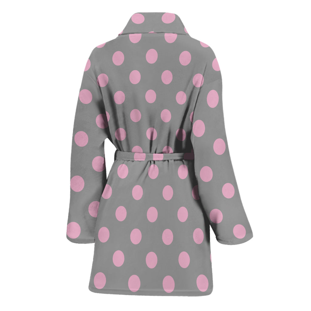 Grey And Pink Polka Dot Pattern Print Women's Bathrobe