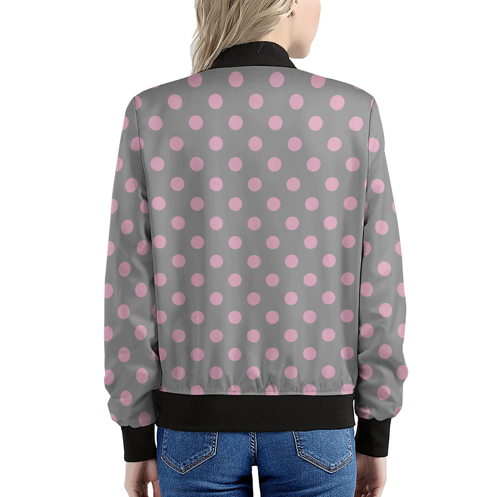 Grey And Pink Polka Dot Pattern Print Women's Bomber Jacket