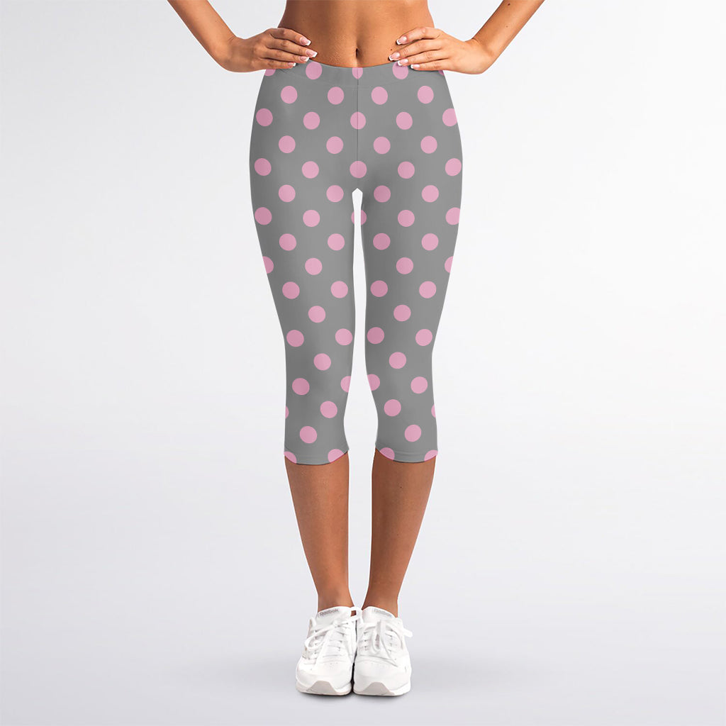 Grey And Pink Polka Dot Pattern Print Women's Capri Leggings