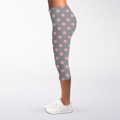 Grey And Pink Polka Dot Pattern Print Women's Capri Leggings