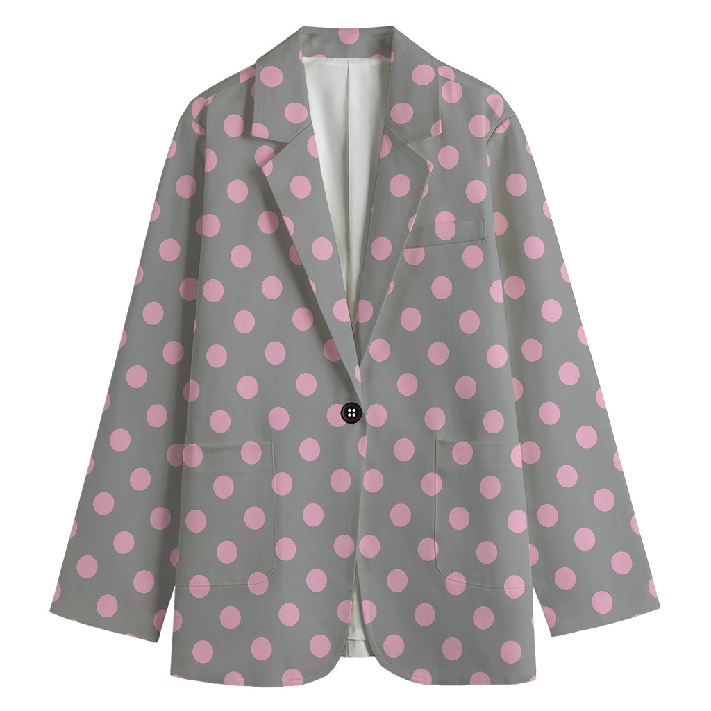 Grey And Pink Polka Dot Pattern Print Women's Cotton Blazer