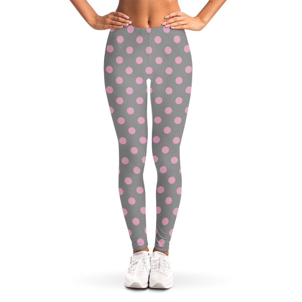 Grey And Pink Polka Dot Pattern Print Women's Leggings
