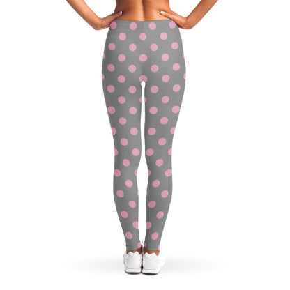 Grey And Pink Polka Dot Pattern Print Women's Leggings