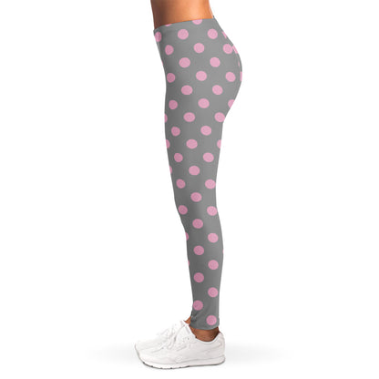 Grey And Pink Polka Dot Pattern Print Women's Leggings