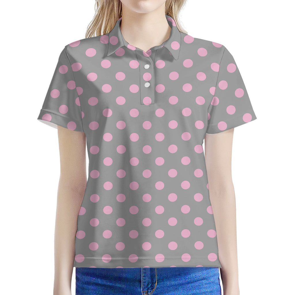 Grey And Pink Polka Dot Pattern Print Women's Polo Shirt