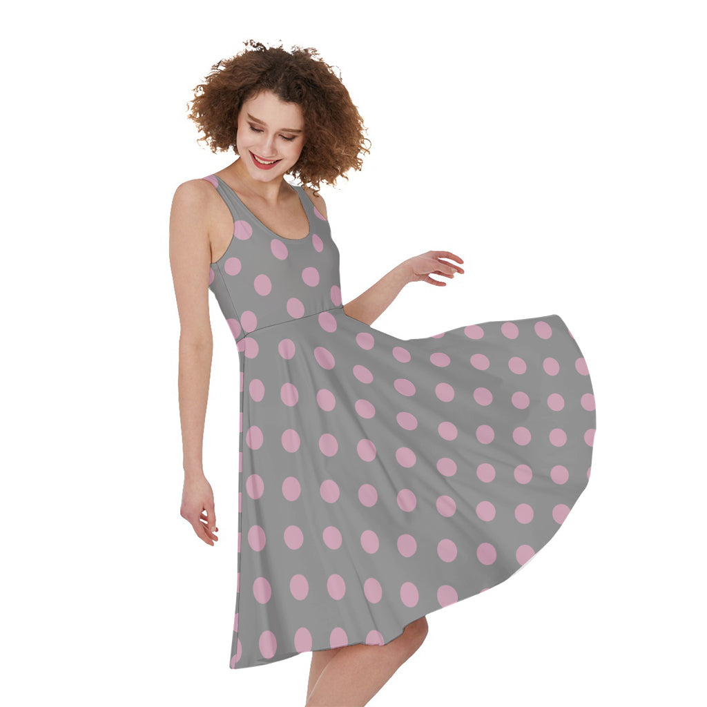 Grey And Pink Polka Dot Pattern Print Women's Sleeveless Dress