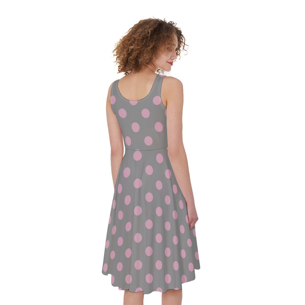 Grey And Pink Polka Dot Pattern Print Women's Sleeveless Dress