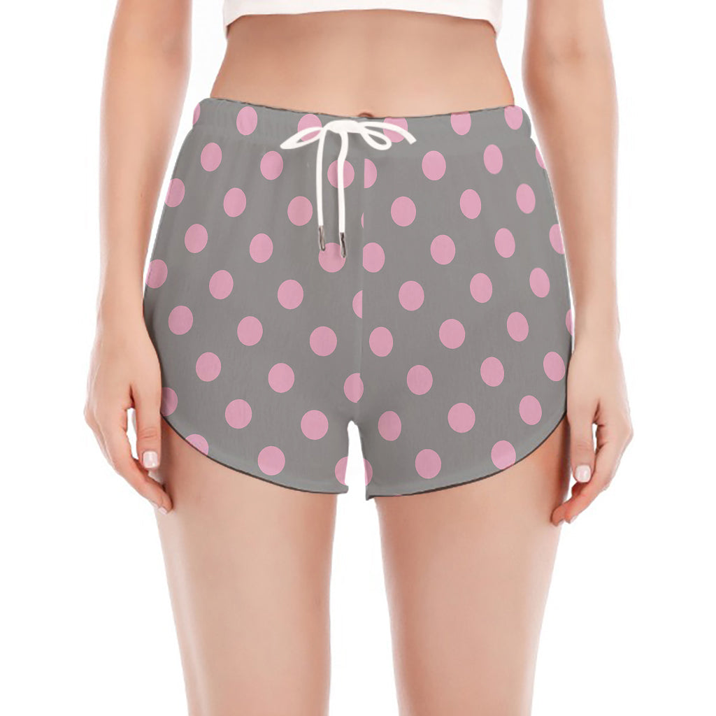 Grey And Pink Polka Dot Pattern Print Women's Split Running Shorts