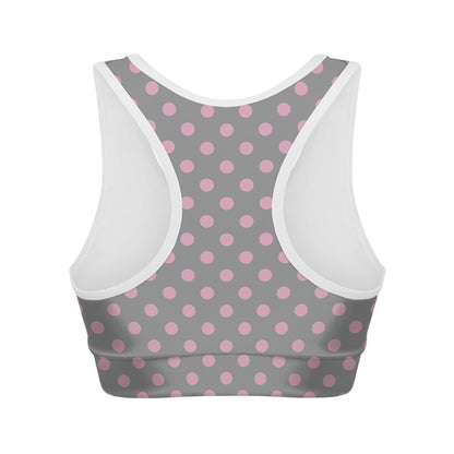 Grey And Pink Polka Dot Pattern Print Women's Sports Bra