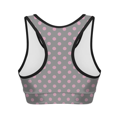Grey And Pink Polka Dot Pattern Print Women's Sports Bra